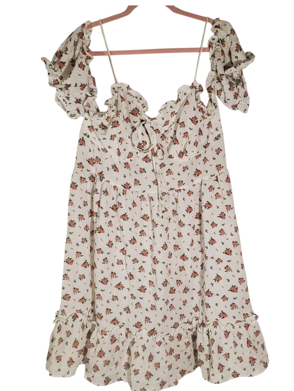 Floral Ruffle Cold-Shoulder Womens Dress in Cream with Pink Flowers